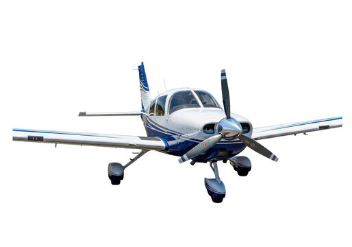 Blue and white single-engine airplane PNG isolated on transparent background, light aircraft for travel and private aviation