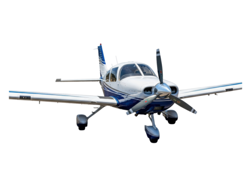 Blue and white single-engine airplane PNG isolated on transparent background, light aircraft for travel and private aviation