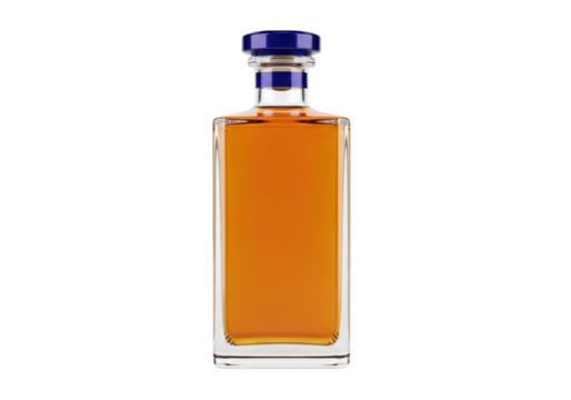 Rectangular whiskey bottle with blue cap isolated PNG on transparent background, amber liquor in glass container for bar and spirits