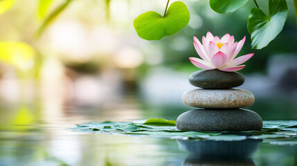 Pink Lotus Flower on Zen Stones in Calm Water with Copy Space &ndash; Meditation and Spa