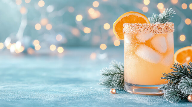 Vibrant orange winter festive cocktail with ice, frosted rim, and pine garnish, set on snowy blue background with warm, blurred holiday lights, evoking cozy celebration