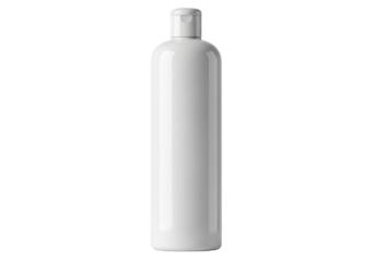 Tall white plastic bottle isolated PNG on transparent background, blank container for shampoo or lotion mockup for beauty and hygiene products