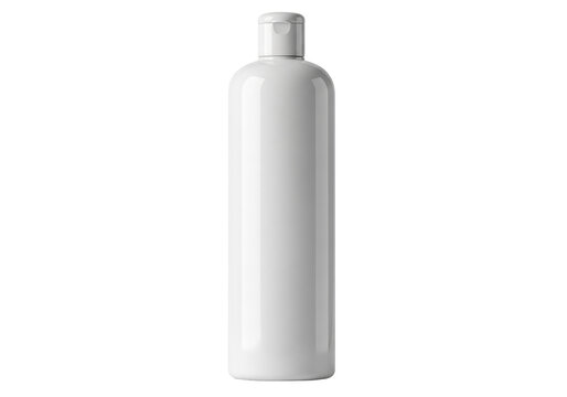Tall white plastic bottle isolated PNG on transparent background, blank container for shampoo or lotion mockup for beauty and hygiene products