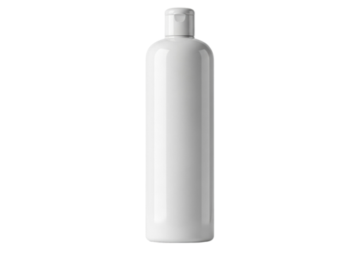 Tall white plastic bottle isolated PNG on transparent background, blank container for shampoo or lotion mockup for beauty and hygiene products