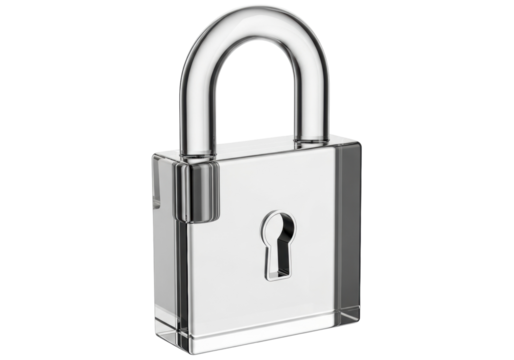 Shiny silver padlock isolated PNG on transparent background, security lock for safety and protection, metal lock with keyhole for privacy