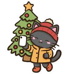 Cute black cat taking selfie by Christmas tree kawaii winter illustration festive holiday scene adorable seasonal aesthetic warm cheerful vibe