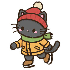Cute black cat ice skating in winter outfit kawaii Christmas illustration cozy scarf and hat warm festive scene adorable holiday aesthetic