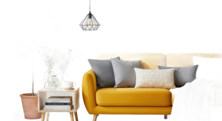 Stylish Living Room Interior with Yellow Sofa, Gray Pillows, and Decorative Elements