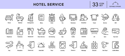 Hotel service icon set with editable stroke