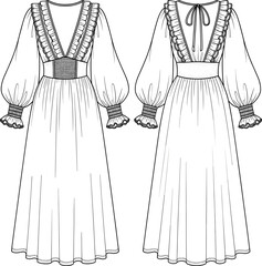Elegant long maxi dress fashion flat sketch with ruffle details, smocked cuffs, deep V neckline, back tie design, professional garment illustration