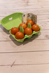 Eggs and euro banknote in carton showing inflation