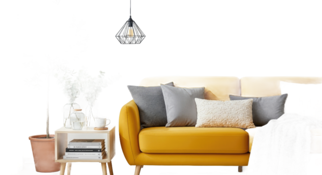 Stylish Living Room Interior with Yellow Sofa, Gray Pillows, and Decorative Elements