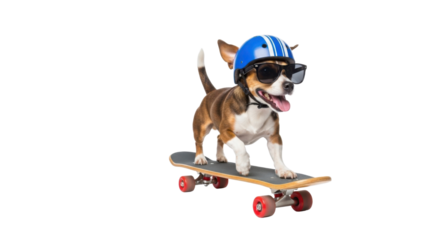 Happy dog wearing a helmet and sunglasses skateboarding isolated PNG with Transparent Background