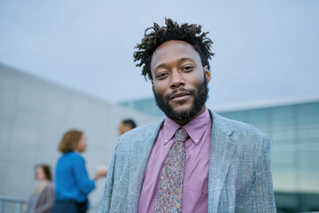 Black businessman posing outdoors with colleagues
