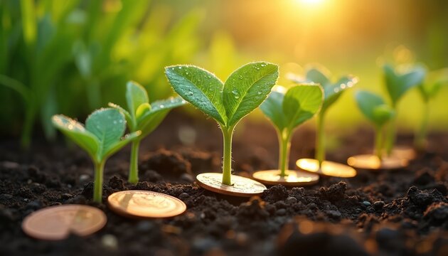 Young green plants sprout from soil with coins at base. Sunlight shines on new growth. Symbolizes financial investment, business development, and eco farming success.