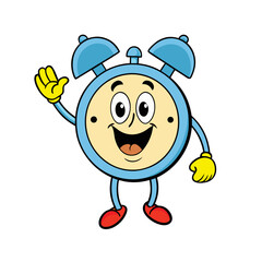 Friendly cartoon alarm clock character waving hello with a happy expression isolated on white background silhouette