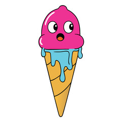 Surprised pink ice cream cone with blue drips and cartoon eyes silhouette isolated on white background