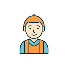 Stylized cartoon of a smiling young man wearing an orange vest and blue shirt silhouette isolated on white background