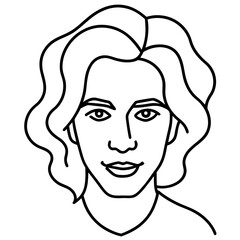 Minimalist black line art portrait of a person with wavy hair silhouette isolated on white background