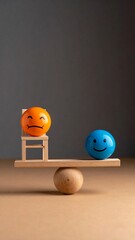 Emotional Balance Concept Featuring Sadness and Happiness Spheres Chair and Seesaw on Tabletop.