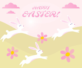 Happy Easter greeting card with cute bunnies jumping in green meadow. Flat vector illustration