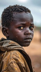 Portrait of Young Boy with Pensive Expression Showing Strength and Resilience in a Natural Outdoor Setting.