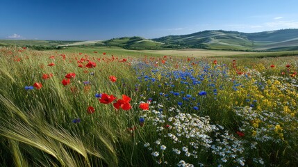 Expansive meadow background: colorful blossoms, grasses, and distant horizon in summer light