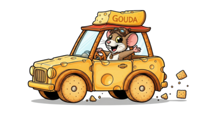 Cartoon mouse driving a Gouda cheese car isolated PNG with Transparent Background