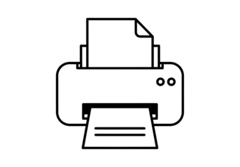 Printer with paper isolated PNG on transparent background, office equipment for printing documents and reports, black and white line art