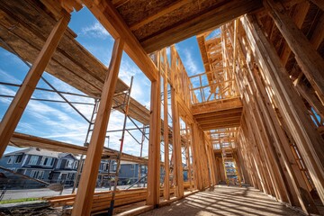 Exposed timber and vertical studs in early stage house framing from a ground-level angle