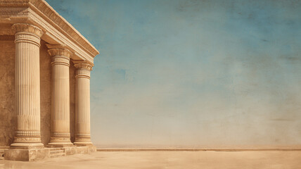An ancient colonnade against a blue sky - concept background. Ancient Babylon, Ancient Mesopotamia, Ancient Persia. Digital photo illustration. 