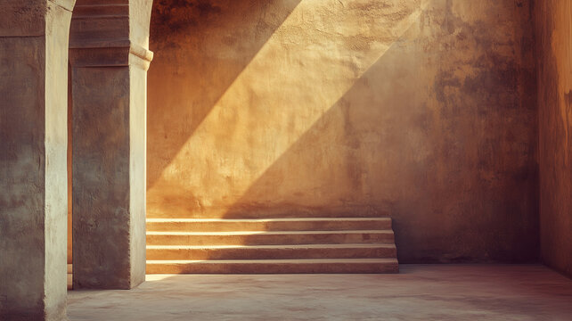 Wall of an ancient building with rectangular columns, steps and sunlight on part of the wall. Ancient Babylon, Ancient Mesopotamia, Ancient Persia, Ancient Egypt concept poster. 