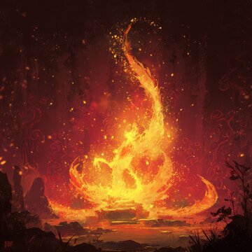 Fire elemental creature rising from flames in a magical crimson realm