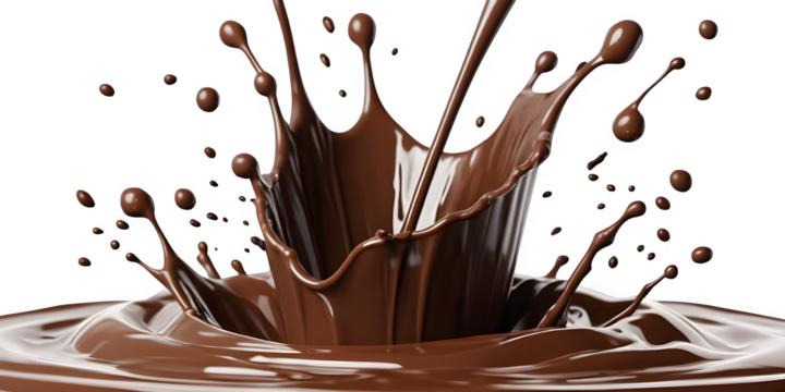 A splash of dark chocolate isolated on a white background, featuring a clipping path in 3D illustration.

