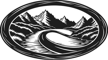 Stylized oval emblem featuring a winding road through a mountain landscape