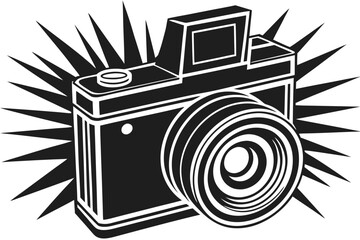 Vintage camera with a flash burst graphic element in a stylized illustration