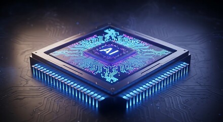 AI Processor Chip with Glowing Blue Circuits on a Dark Background.
