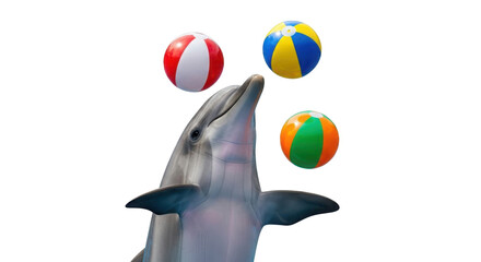 Obraz premium Dolphin balancing colorful beach balls isolated PNG with Transparent Background