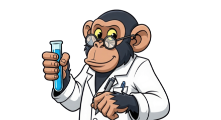 Chimpanzee wearing glasses and a lab coat holding a test tube with blue liquid isolated PNG with Transparent Background