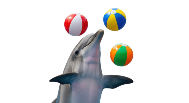 Dolphin balancing three colorful beach balls isolated PNG with Transparent Background