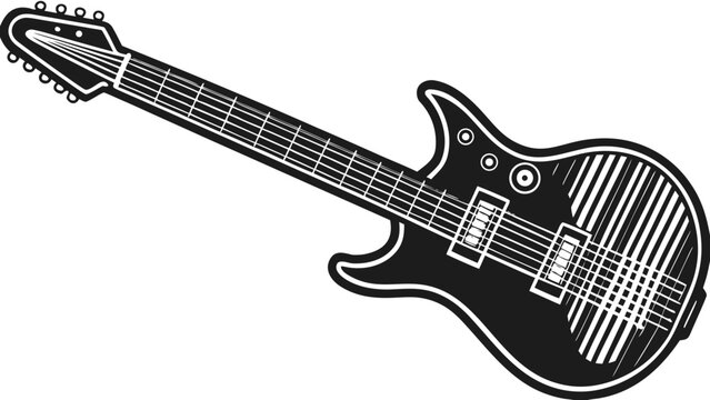 Stylized electric guitar silhouette with black background and white outline