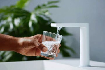Hand filling glass with fresh water from modern faucet