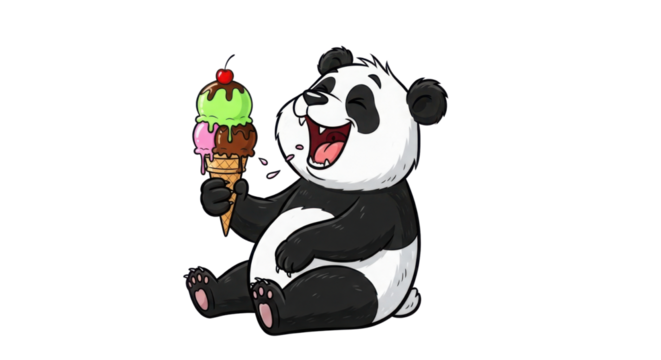 Cartoon panda holding a triple scoop ice cream cone isolated PNG with Transparent Background