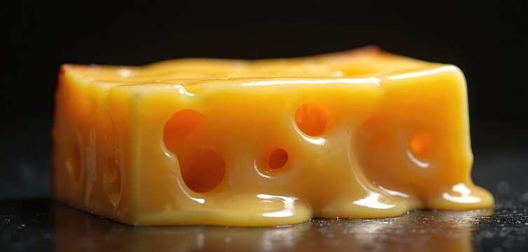 Close up macro shot of melted cheddar cheese. Dairy food block with holes melts on dark background. Cheese texture details. Gruyere ingredient for cooking tasty snack. Gourmet food background.