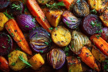 Full-frame top view of caramelized autumn vegetables with orange, purple and yellow hues