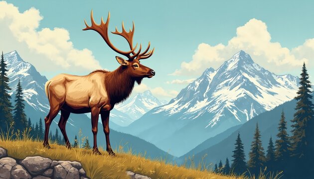 Elk stands on grassy hill with rocky foreground. Snow capped mountains form background with pine trees. Majestic animal in wild nature setting under blue sky.