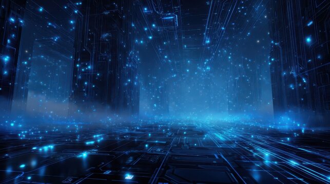 Futuristic blue and black gaming background with neon glow and holographic panels - Powered by Adobe