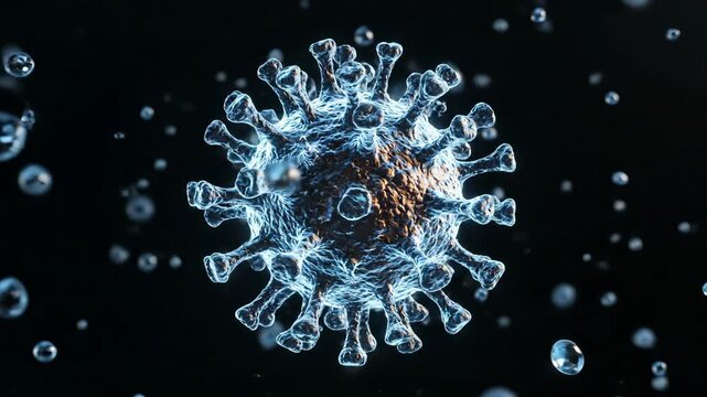 Spinning coronavirus particle floats in dark space. Close view of virus structure and spike. Microscopic covid19 model shows infection and pathogen. Pandemic microbe visualization for medical study.