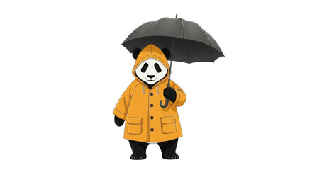 Panda bear in yellow raincoat holding umbrella isolated PNG with Transparent Background