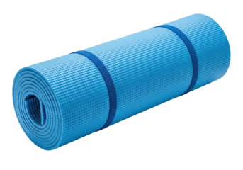 Rolled up blue yoga mat PNG isolated on transparent background, fitness equipment for exercise and workout